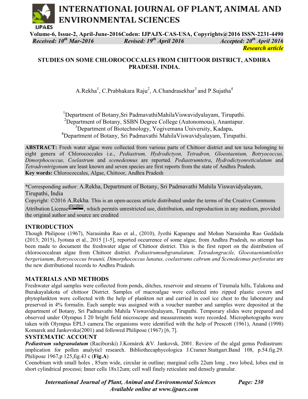 Studies on Some Chlorococcales from Chittoor District, Andhra Pradesh