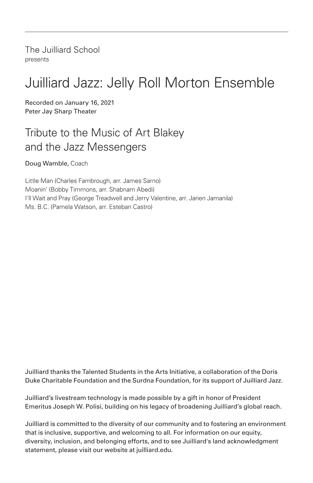 Juilliard Jazz: Jelly Roll Morton Ensemble