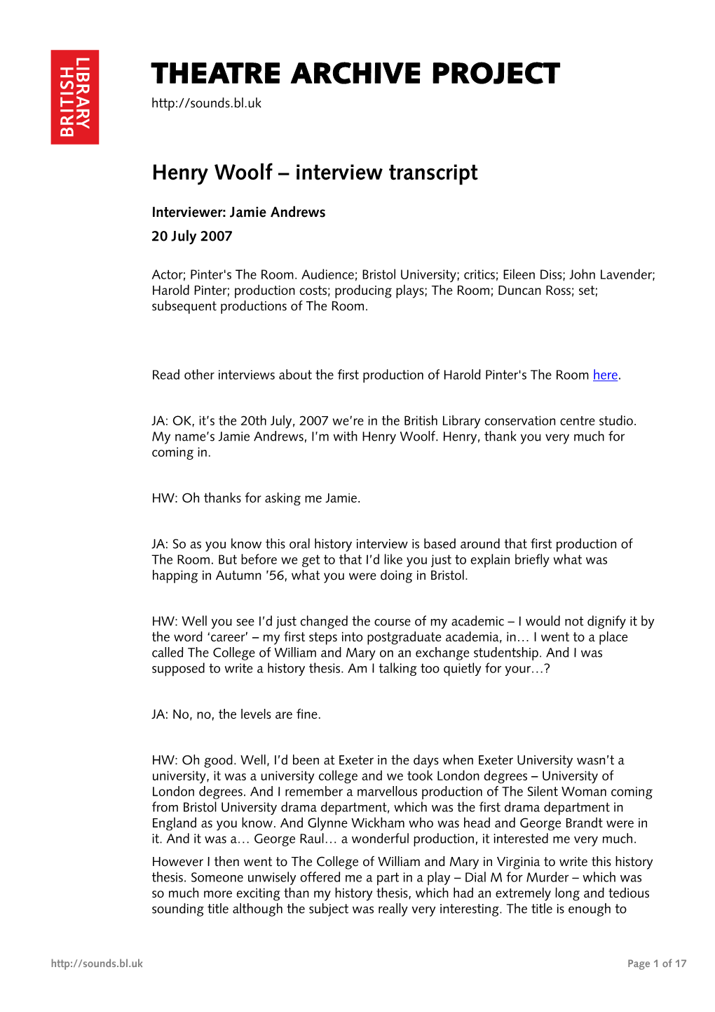 Interview with Henry Woolf