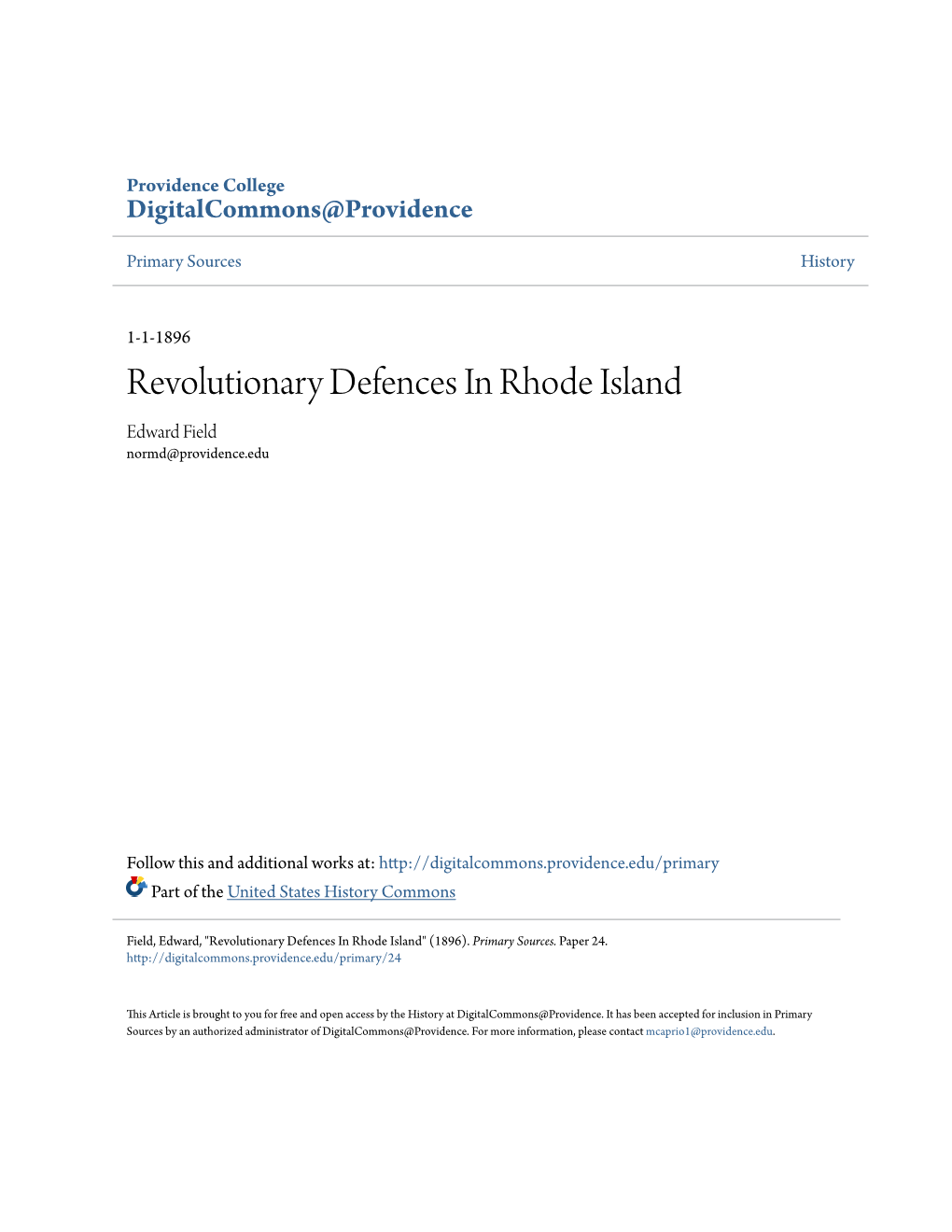 Revolutionary Defences in Rhode Island Edward Field Normd@Providence.Edu