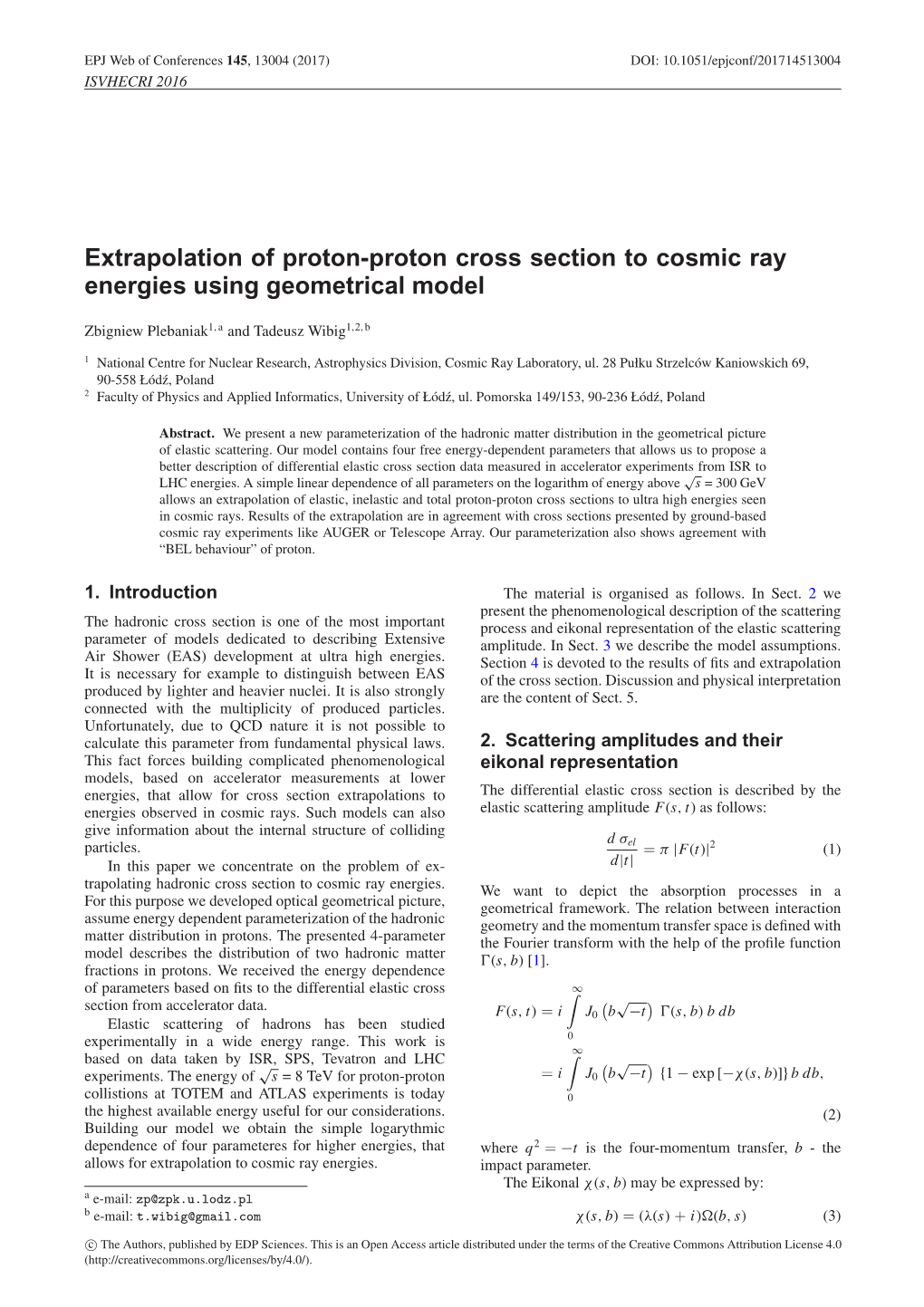 Extrapolation of Proton-Proton Cross Section to Cosmic Ray Energies Using Geometrical Model