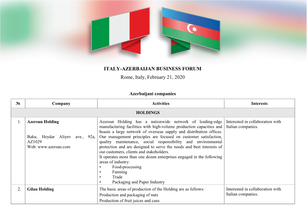 ITALY-AZERBAIJAN BUSINESS FORUM Rome, Italy, February 21, 2020