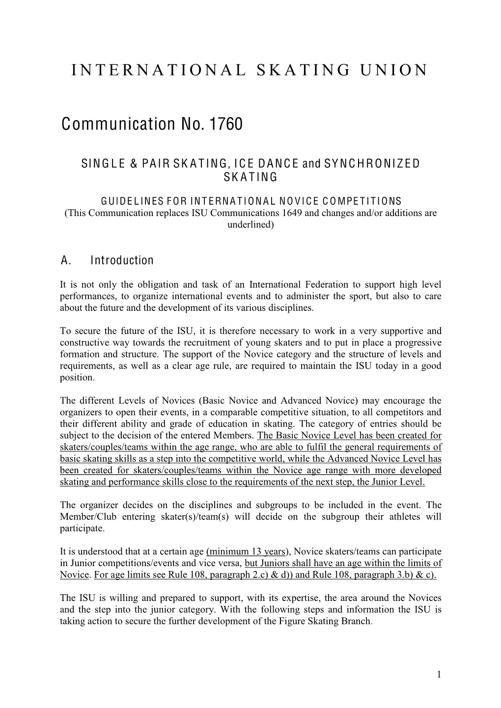 INTERNATIONAL SKATING UNION Communication No. 1760