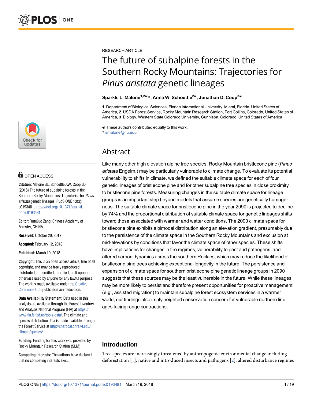 The Future of Subalpine Forests in the Southern Rocky Mountains: Trajectories for Pinus Aristata Genetic Lineages