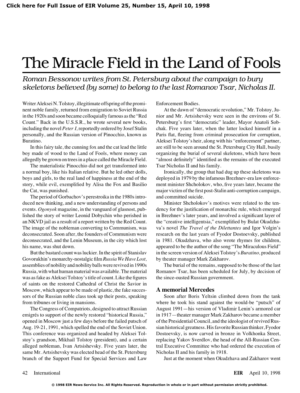 The Miracle Field in the Land of Fools Roman Bessonov Writes from St