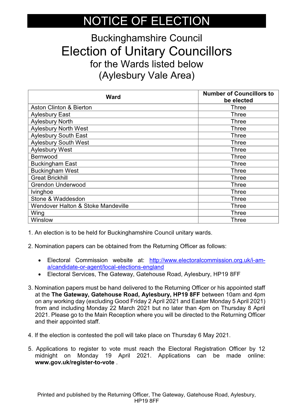 Av Unitary Notice of Election 2021