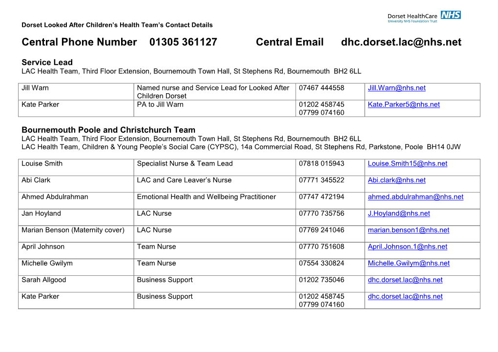 Central Phone Number 01305 361127 Central Email Dhc.Dorset.Lac@Nhs.Net