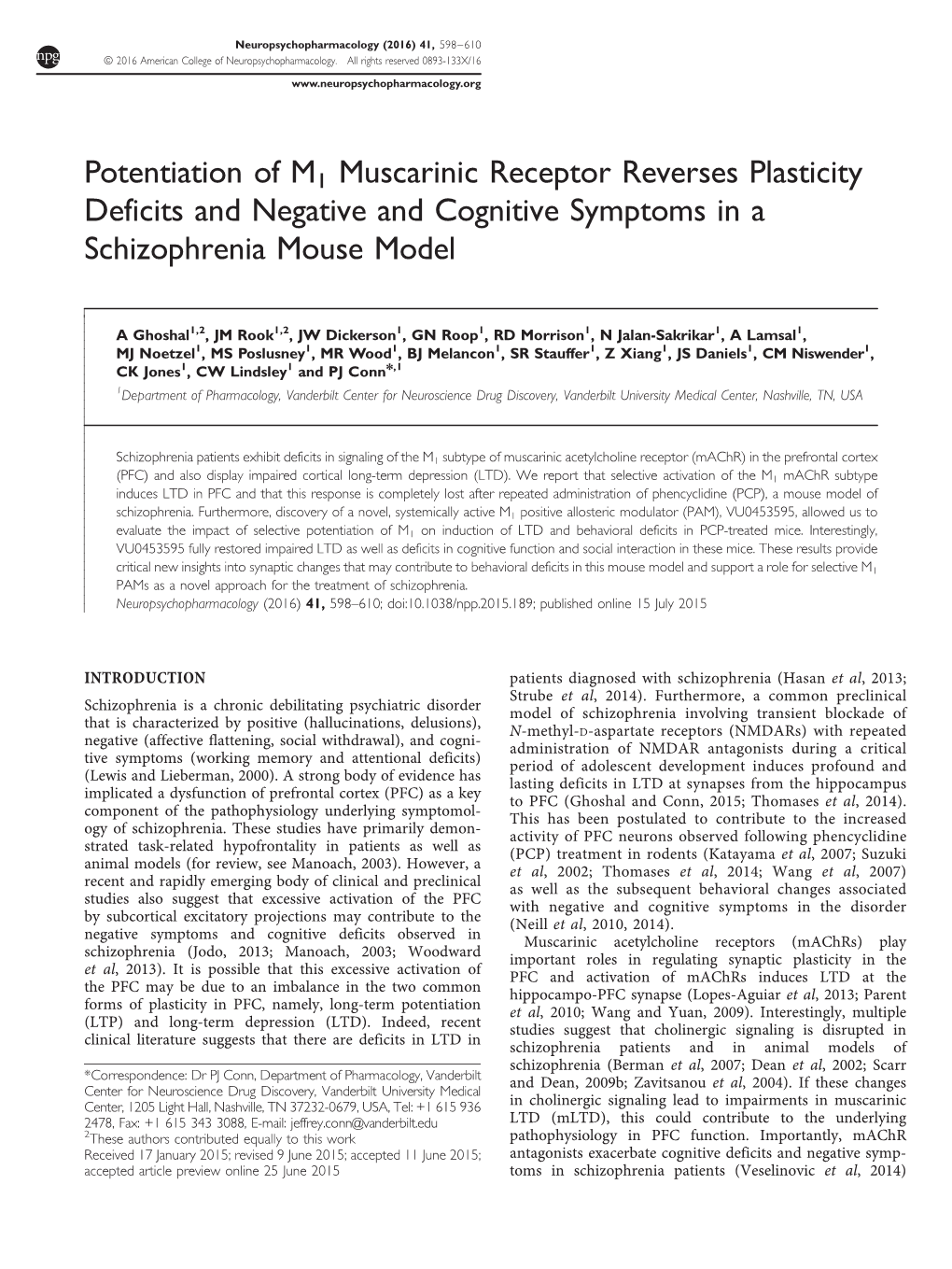 Potentiation of M1 Muscarinic Receptor Reverses Plasticity Deficits and Negative and Cognitive Symptoms in a Schizophrenia Mouse Model