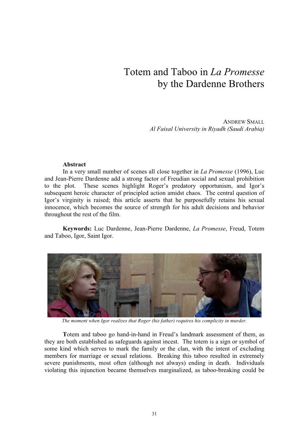 Totem and Taboo in La Promesse by the Dardenne Brothers