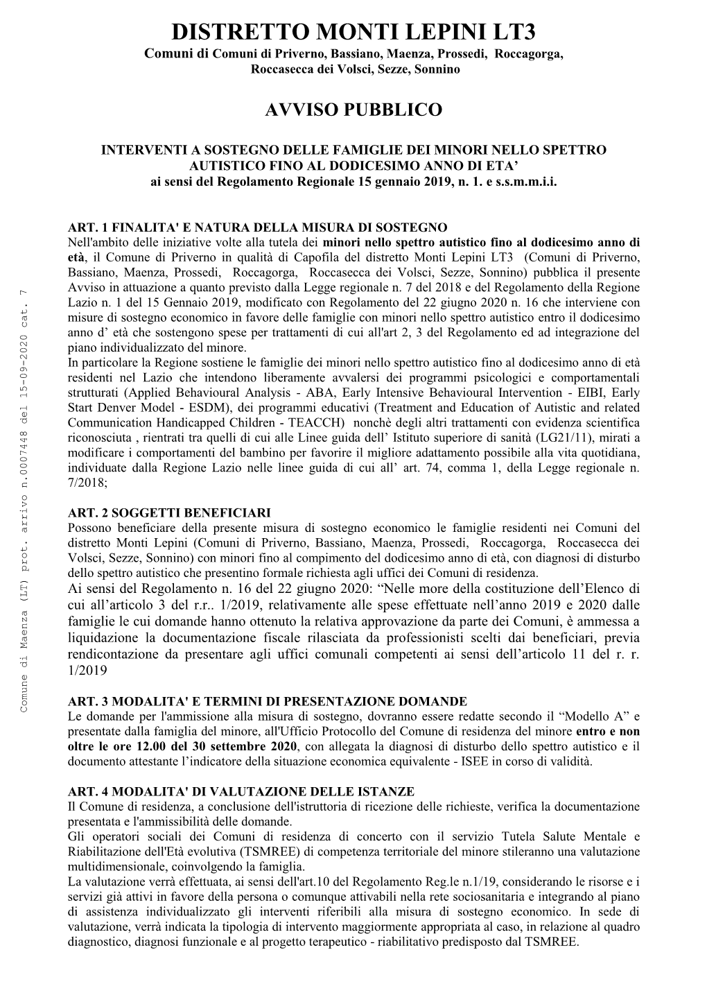 DISTRETTO MONTI LEPINI LT3 Comuni Di Comuni Di Priverno, Bassiano, Maenza, Prossedi, Roccagorga, Roccasecca Dei Volsci, Sezze, Sonnino