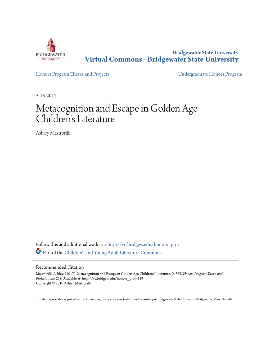 Metacognition and Escape in Golden Age Childrenâ•Žs Literature