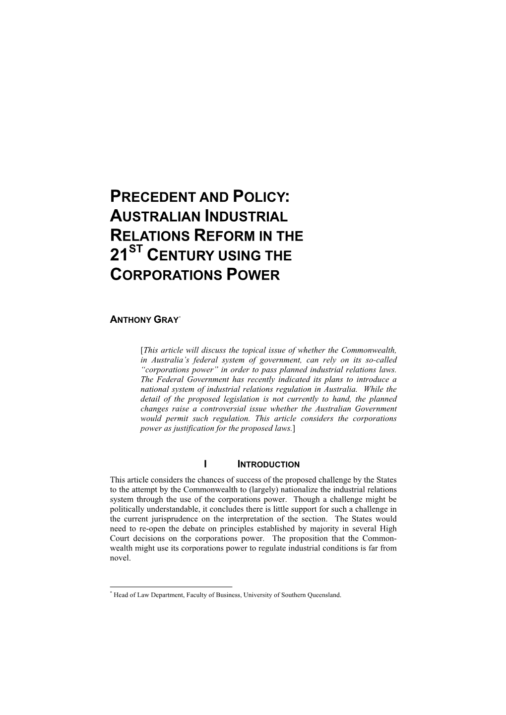 Australian Industrial Relations Reform in the St 21 Century Using the Corporations Power