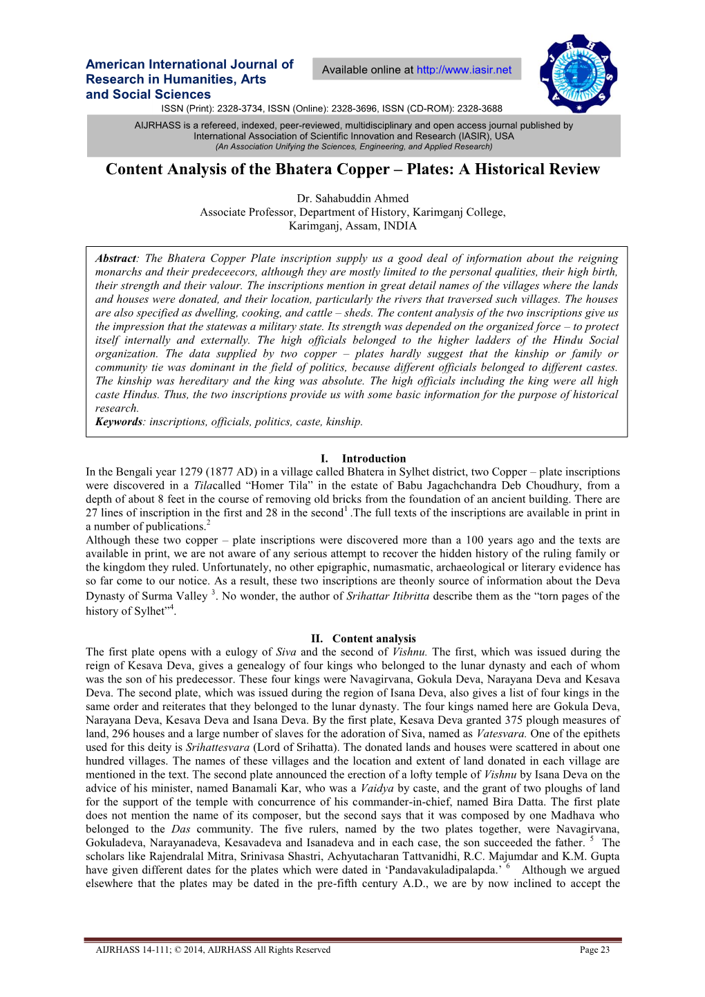 Content Analysis of the Bhatera Copper – Plates: a Historical Review