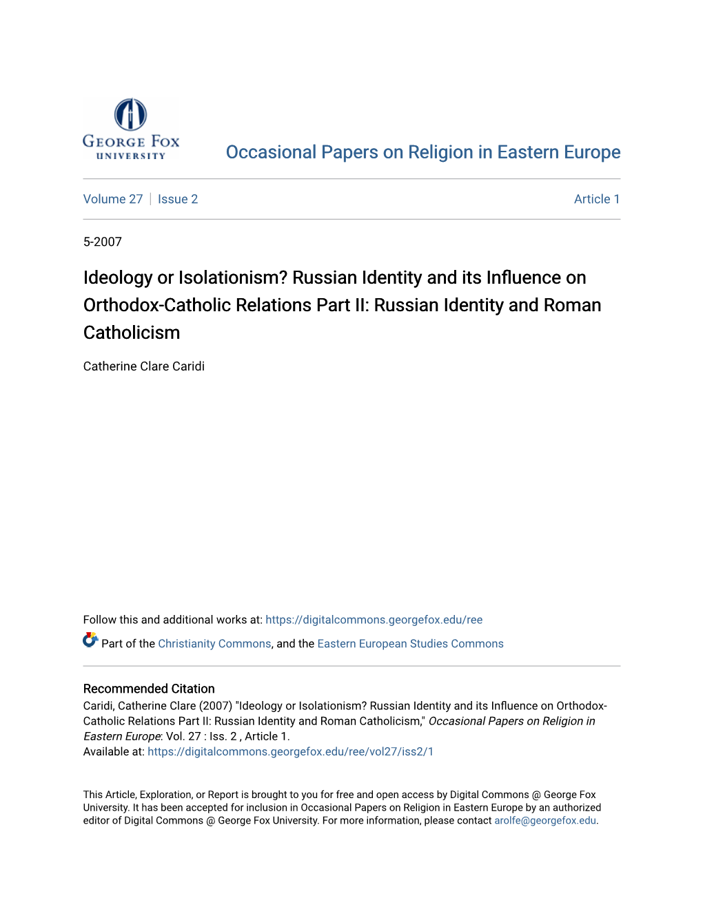 Ideology Or Isolationism? Russian Identity and Its Influence on Orthodox-Catholic Relations Part II: Russian Identity and Roman Catholicism