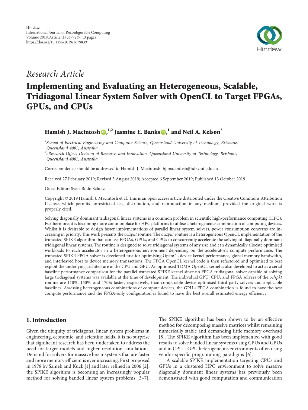 Implementing and Evaluating an Heterogeneous, Scalable, Tridiagonal Linear System Solver with Opencl to Target Fpgas, Gpus, and Cpus