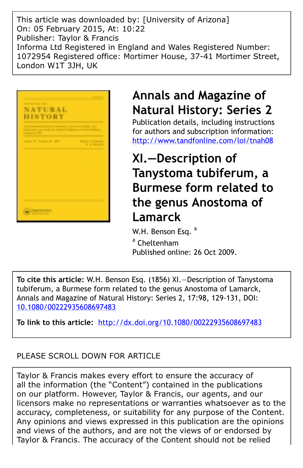 Description of Tanystoma Tubiferum, a Burmese Form Related to the Genus Anostoma of Lamarck W.H