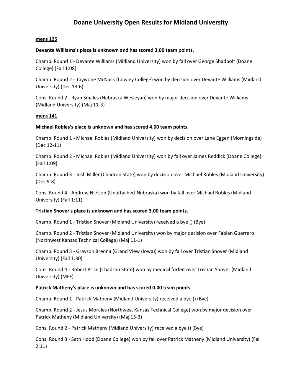 Doane University Open Results for Midland University Mens 125