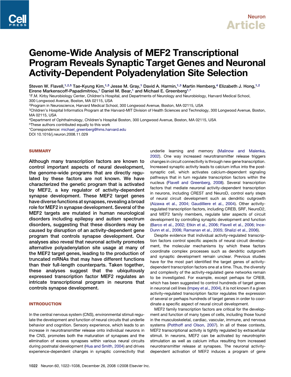 Genome-Wide Analysis of MEF2 Transcriptional Program Reveals Synaptic Target Genes and Neuronal Activity-Dependent Polyadenylation Site Selection