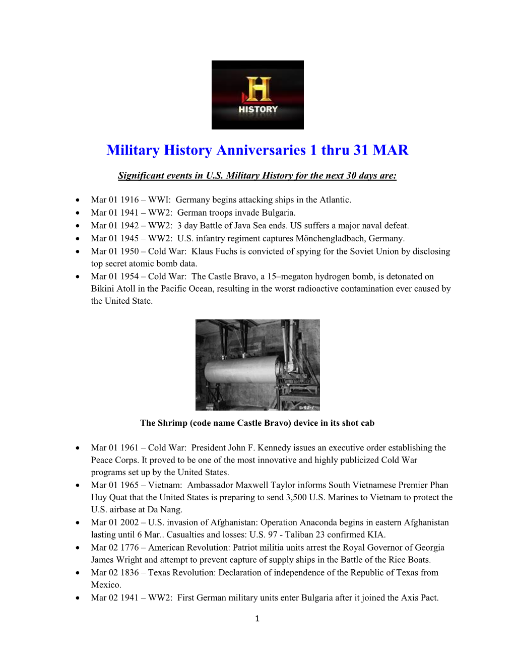 Military History Anniversaries 1 Thru 31 MAR