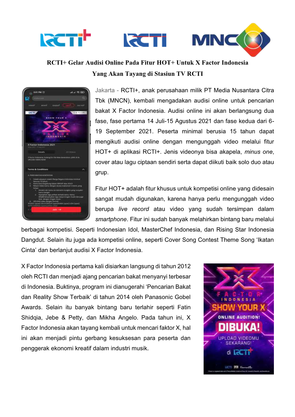 RCTI+ Gelar Audisi Online Pada Fitur HOT+ Untuk X Factor Indonesia Yang Akan Tayang Di Stasiun TV RCTI