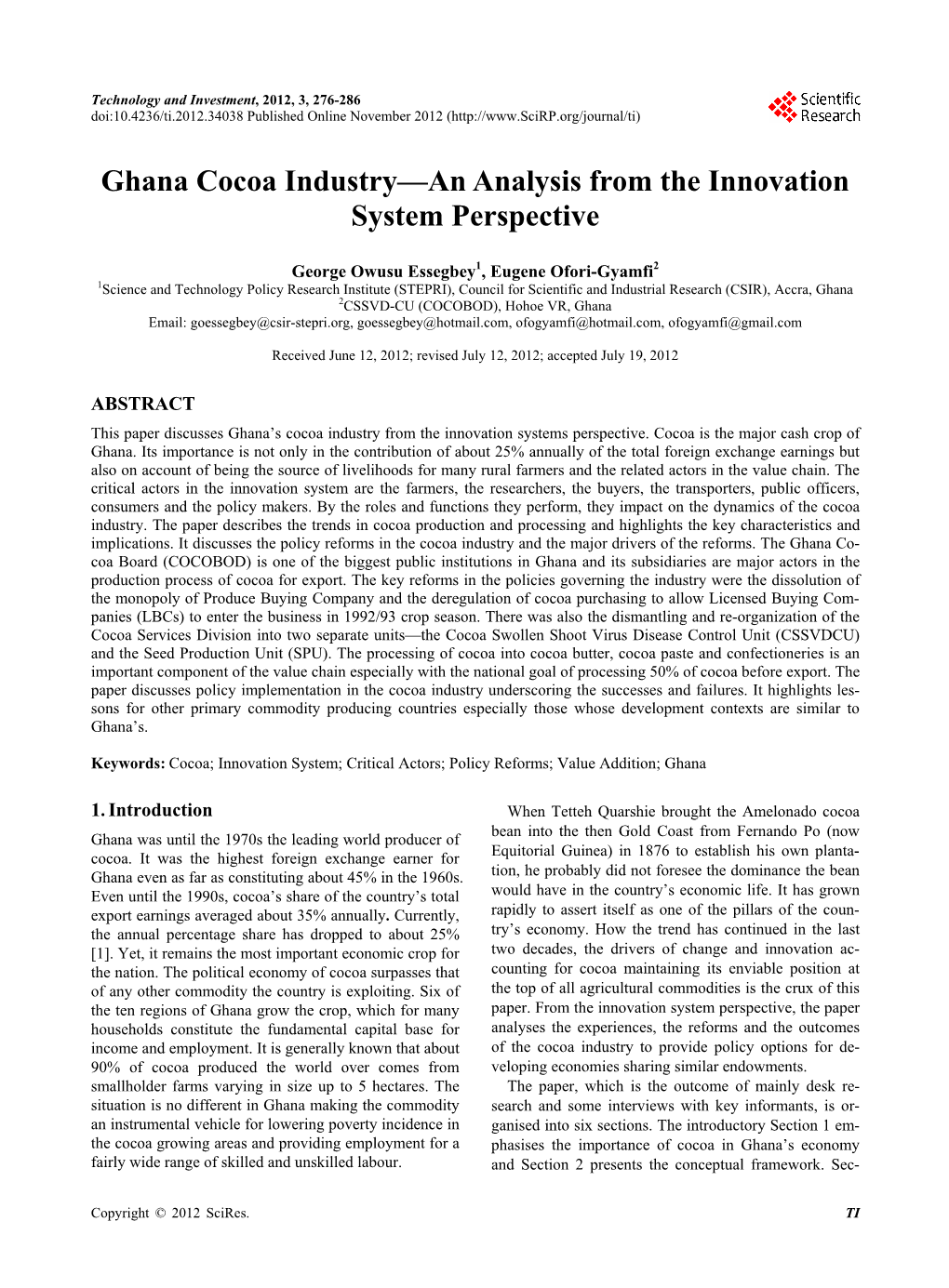 Ghana Cocoa Industry—An Analysis from the Innovation System Perspective