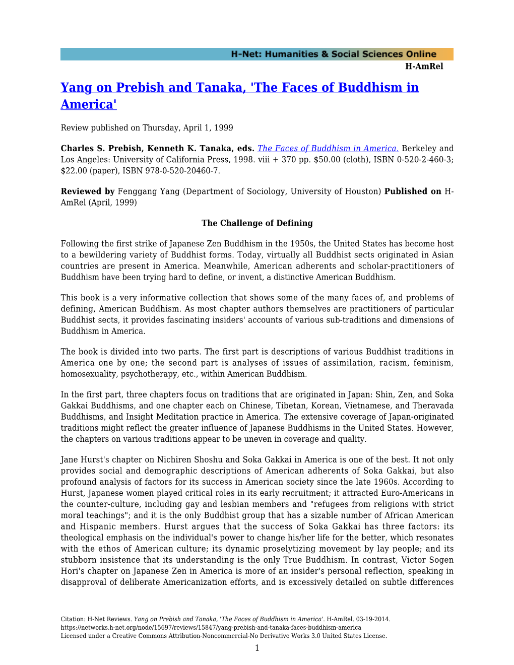 Yang on Prebish and Tanaka, 'The Faces of Buddhism in America'