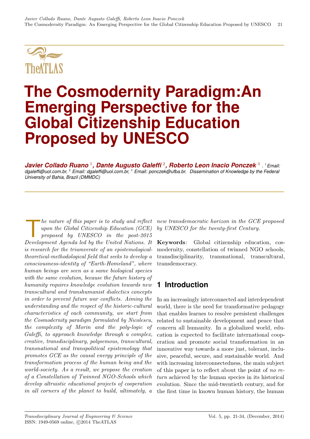 The Cosmodernity Paradigm: an Emerging Perspective for the Global Citizenship Education Proposed by UNESCO 21