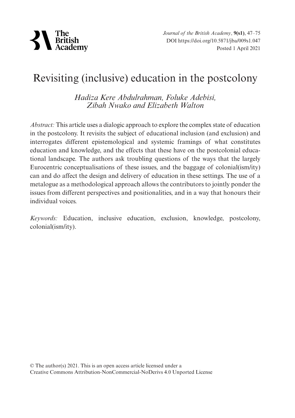 Revisiting (Inclusive) Education in the Postcolony