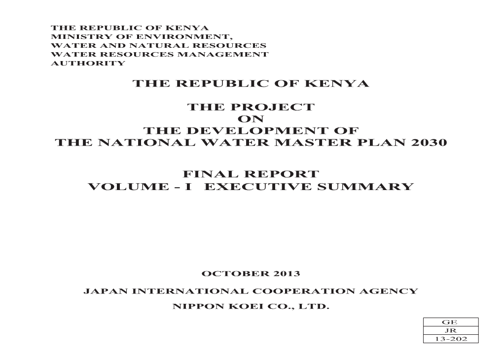 The Republic of Kenya the Project on the Development of the National Water Master Plan 2030 Final Report Volume