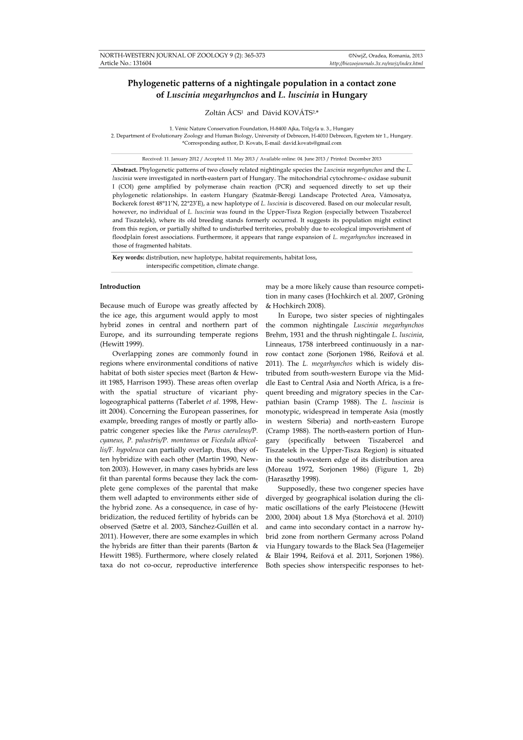 Phylogenetic Patterns of a Nightingale Population in a Contact Zone of Luscinia Megarhynchos and L