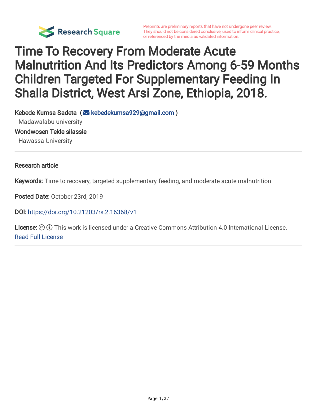 Time to Recovery from Moderate Acute Malnutrition and Its