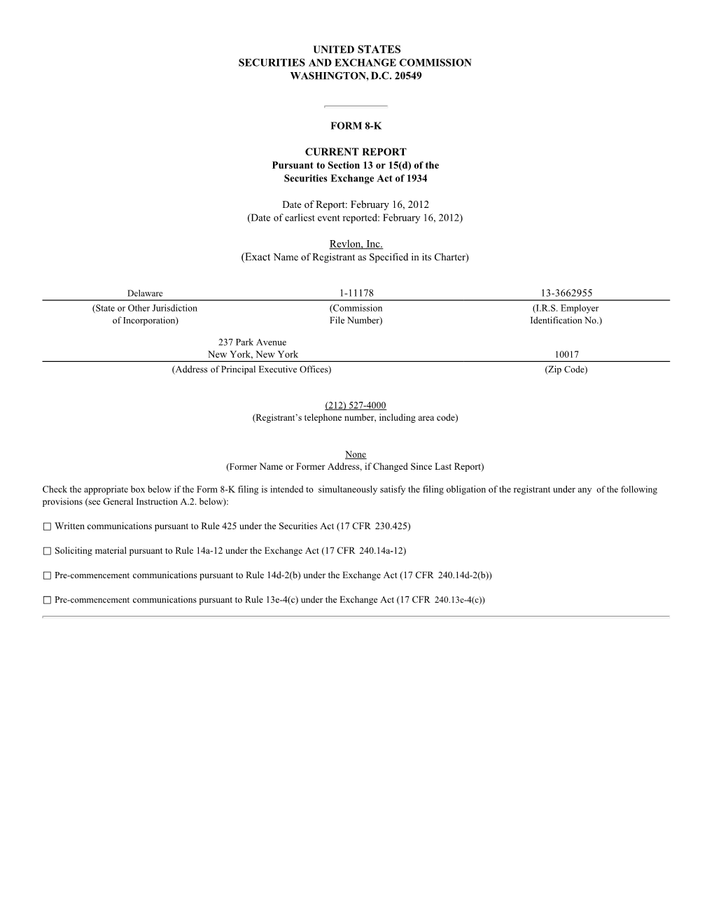 CURRENT REPORT Pursuant to Section 13 Or 15(D) of the Securities Exchange Act of 1934