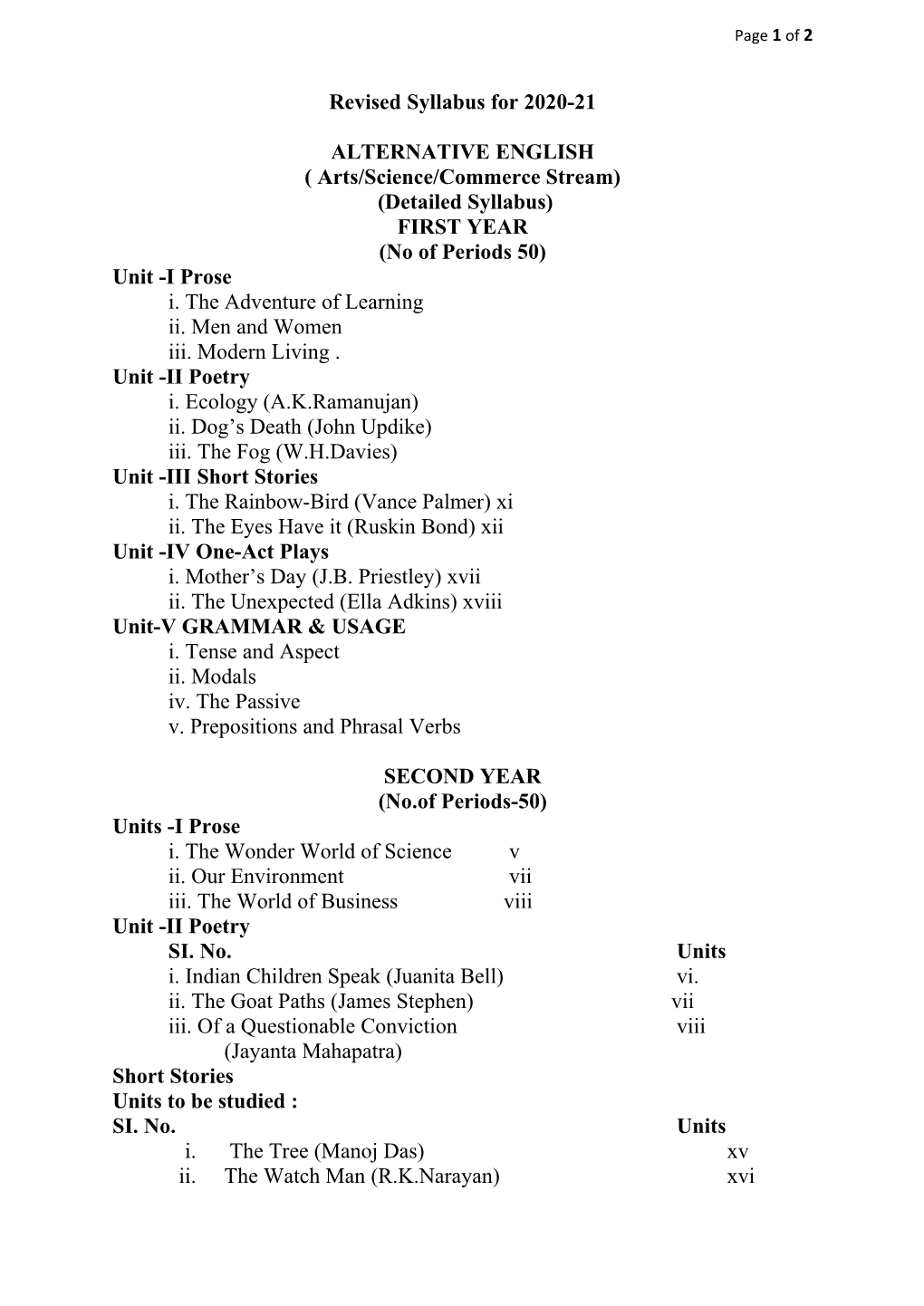 Revised Syllabus for 2020-21 ALTERNATIVE