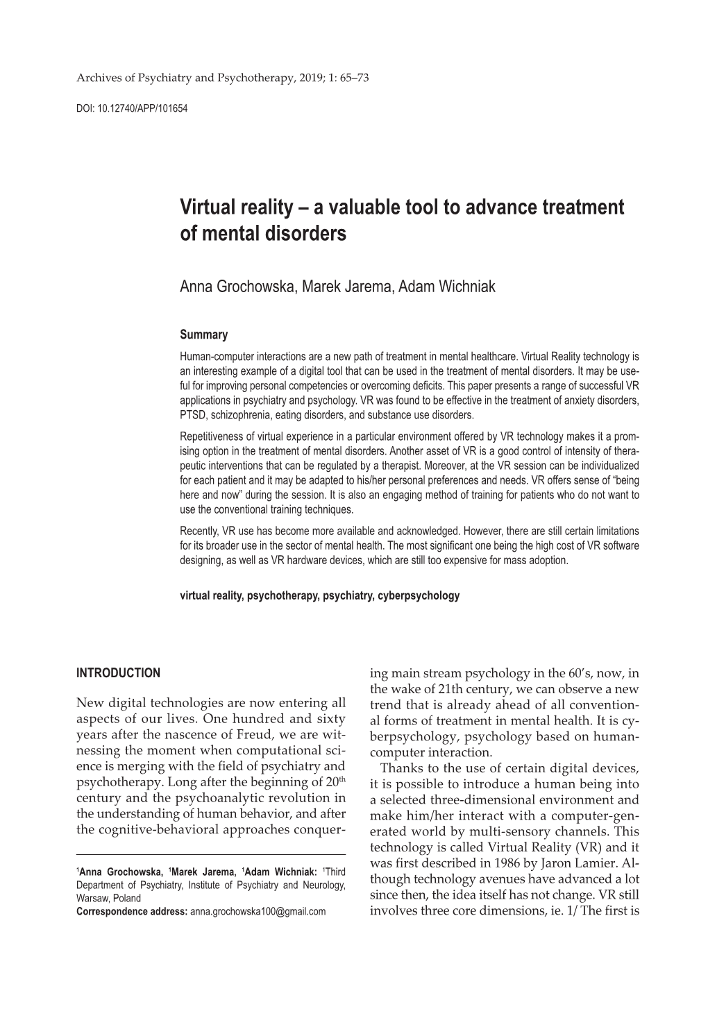 Virtual Reality – a Valuable Tool to Advance Treatment of Mental Disorders
