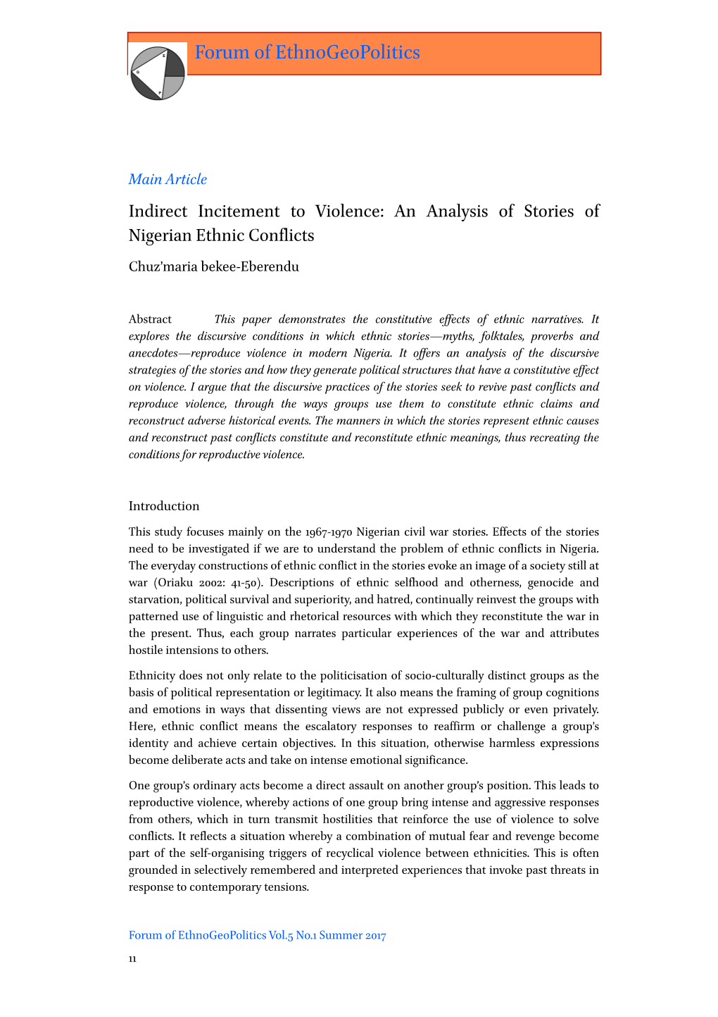 Indirect Incitement to Violence: an Analysis of Stories of Nigerian Ethnic Conflicts Chuz’Maria Bekee-Eberendu