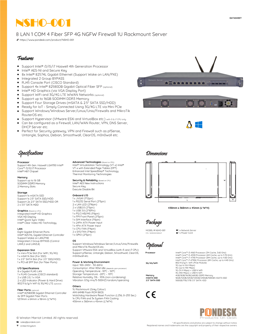 NSHO-001 DATASHEET 8 LAN 1 COM 4 Fiber SFP 4G NGFW Firewall 1U Rackmount Server