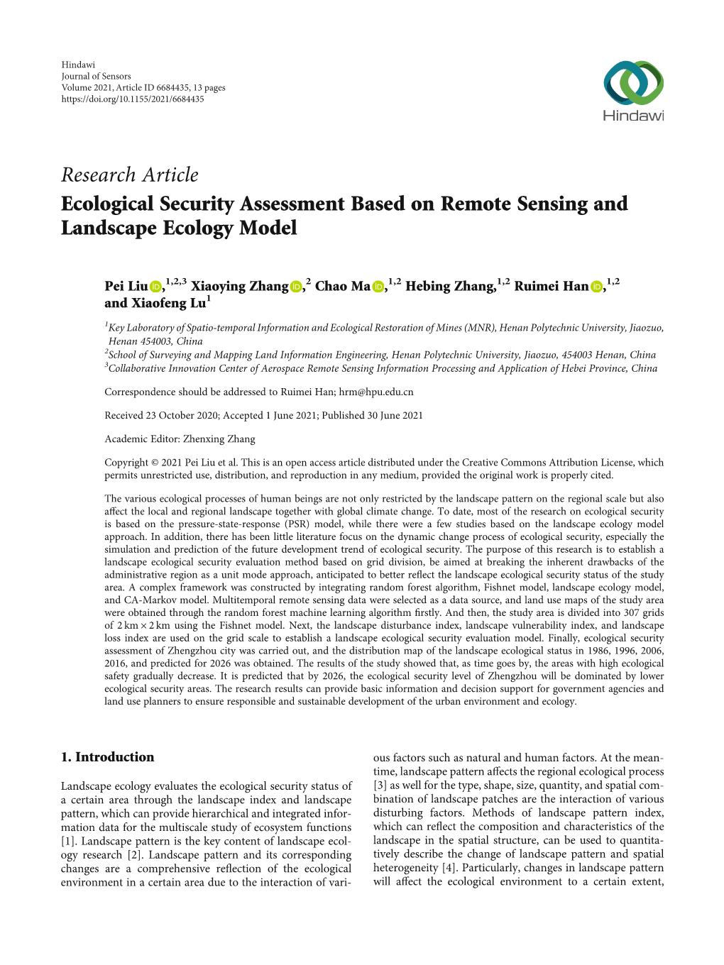 Ecological Security Assessment Based on Remote Sensing and Landscape Ecology Model
