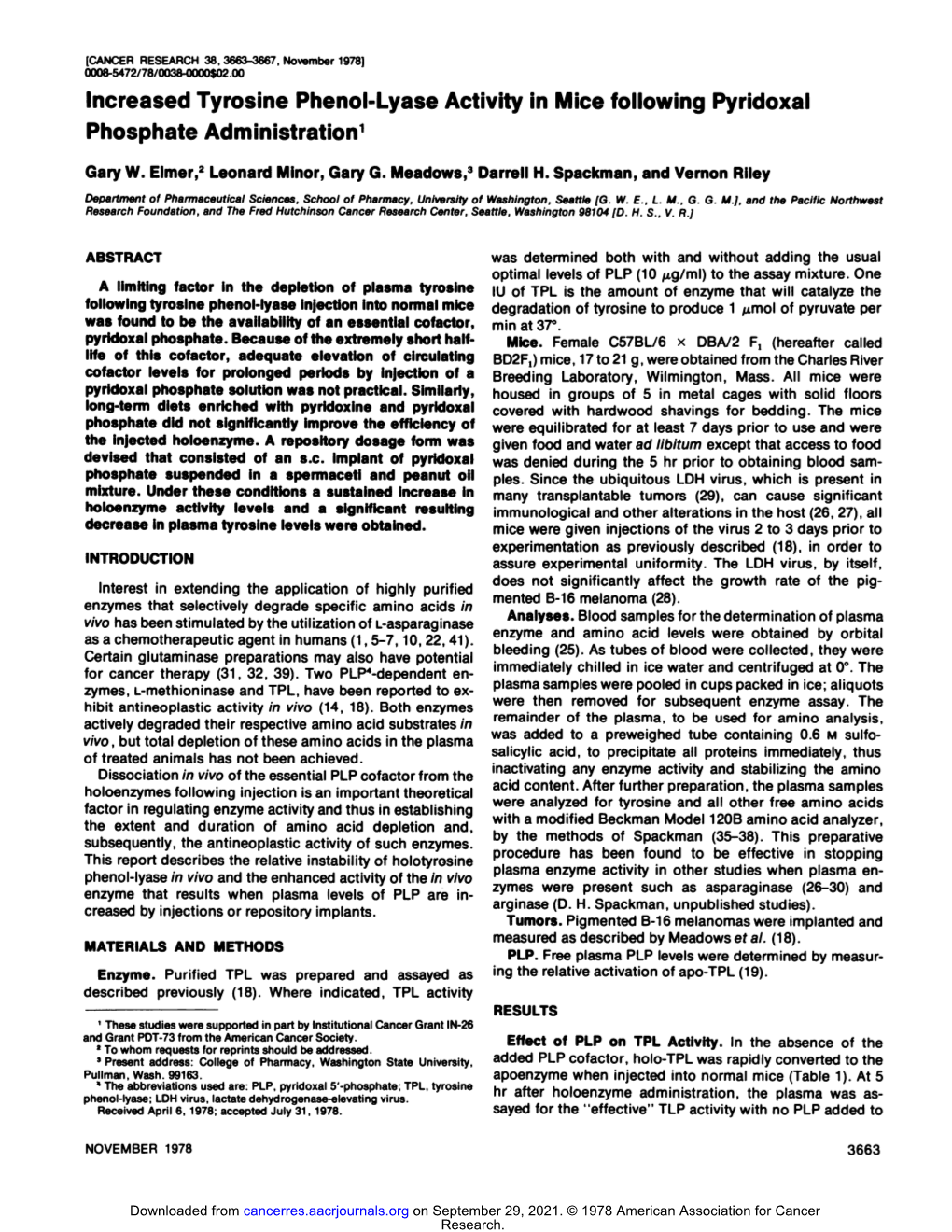 Increased Tyrosine Phenol-Lyase Activity in Mice Following Pyridoxal Phosphate Administration1