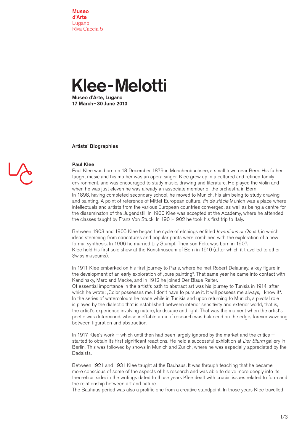 Klee-Melotti Museo D’Arte, Lugano 17 March– 30 June 2013