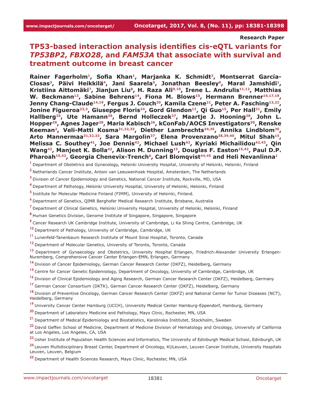 TP53-Based Interaction Analysis Identifies Cis-Eqtl Variants for TP53BP2, FBXO28, and FAM53A That Associate with Survival and Treatment Outcome in Breast Cancer