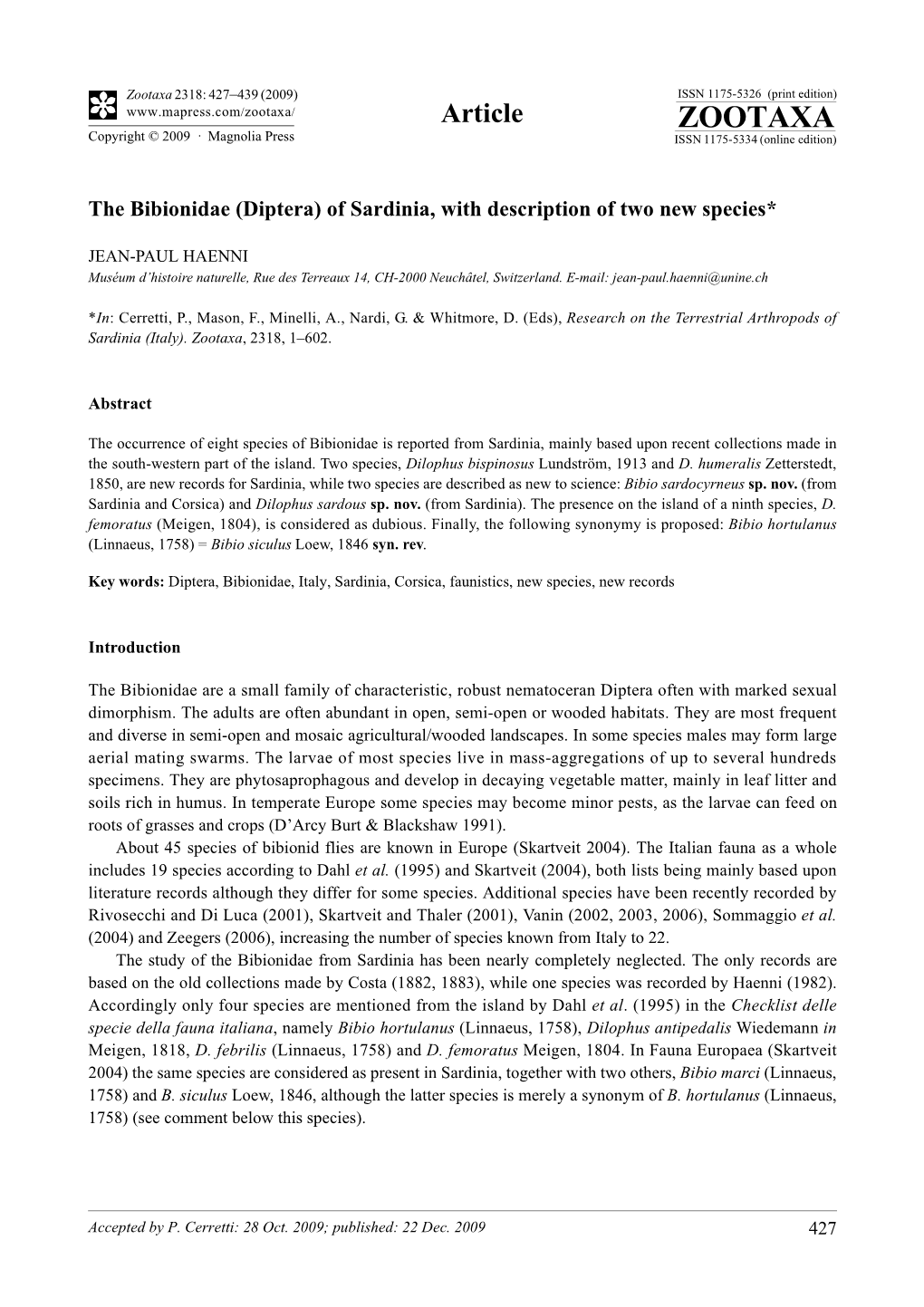 Zootaxa, the Bibionidae (Diptera) of Sardinia, with Description of Two