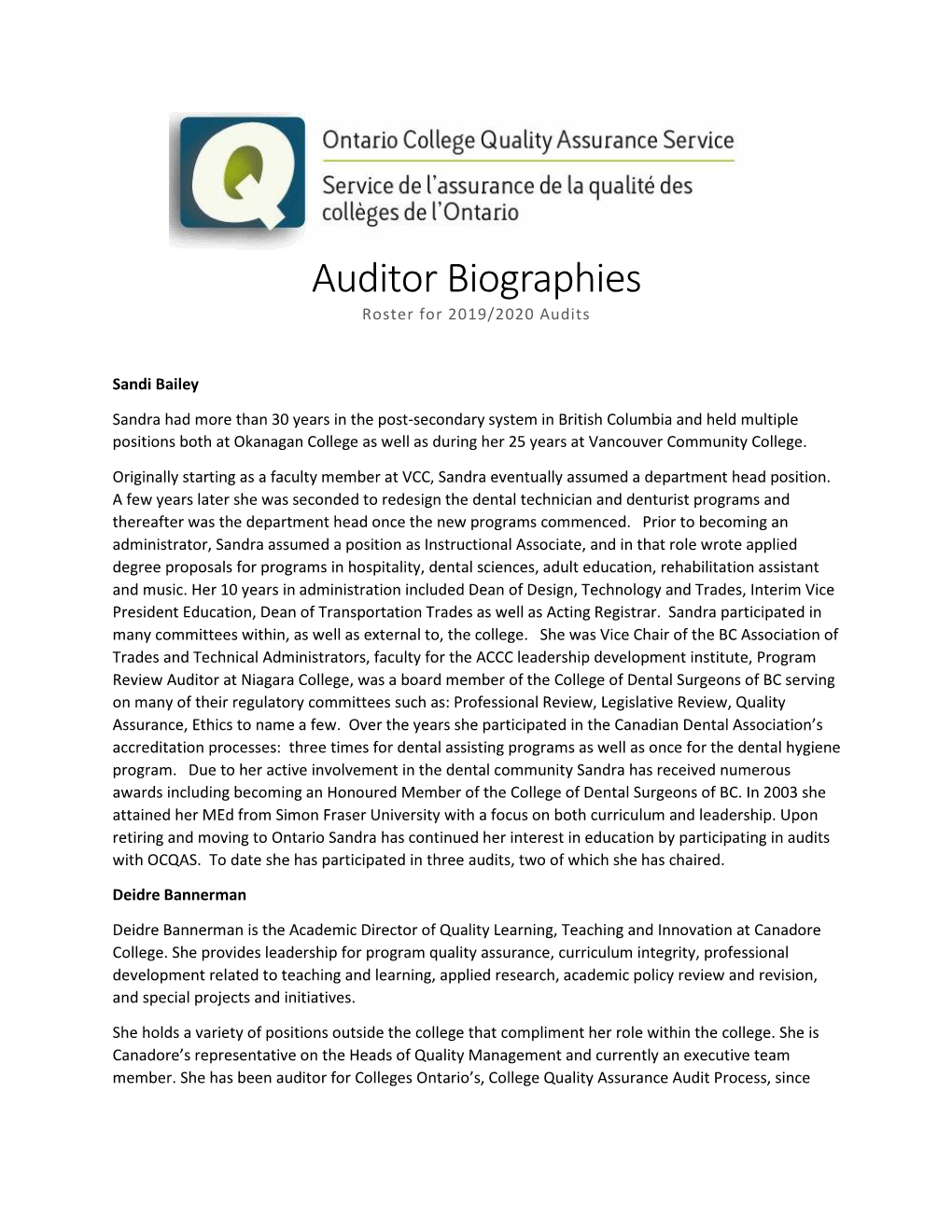 Auditor Biographies Roster for 2019/2020 Audits