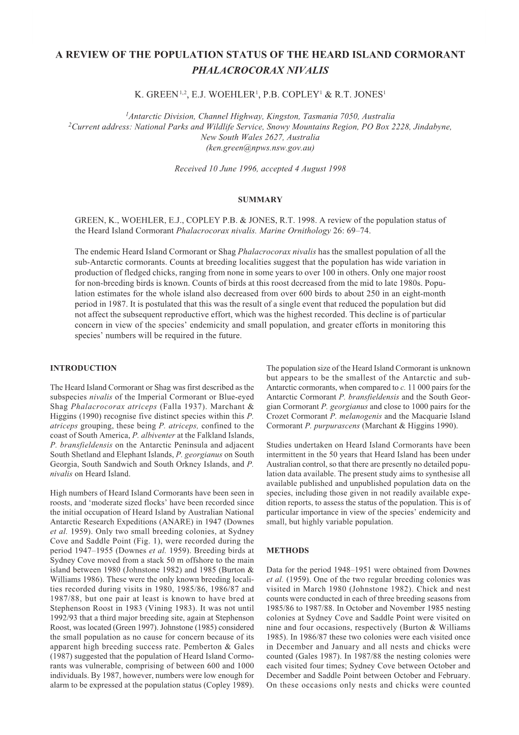 A Review of the Population Status of the Heard Island Cormorant Phalacrocorax Nivalis