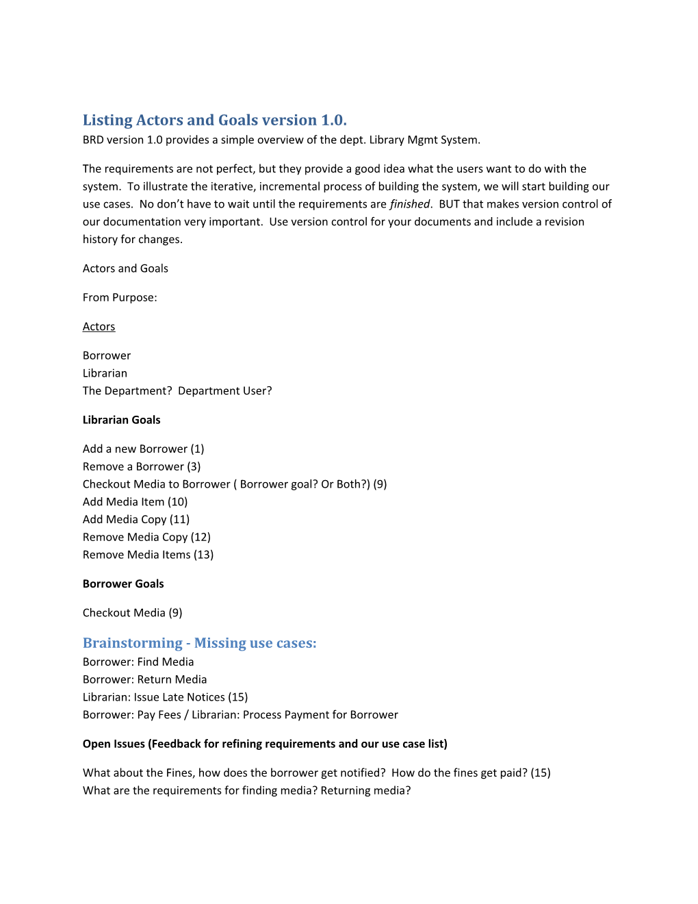 Listing Actors and Goals Version 1.0