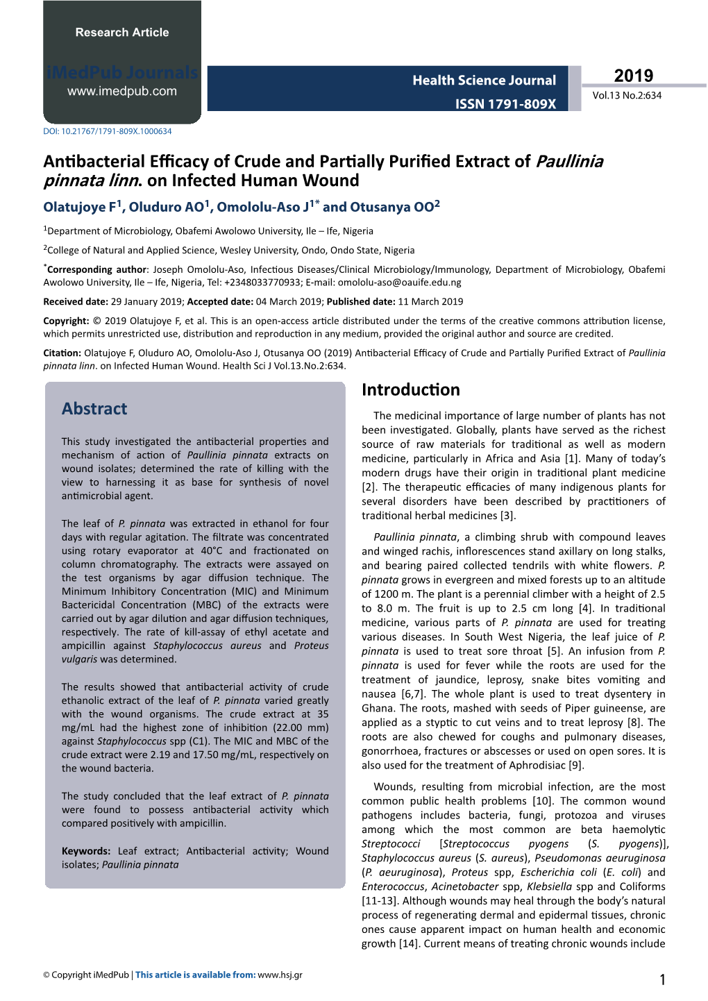 Antibacterial Efficacy of Crude and Partially Purified Extract of Paullinia Pinnata Linn