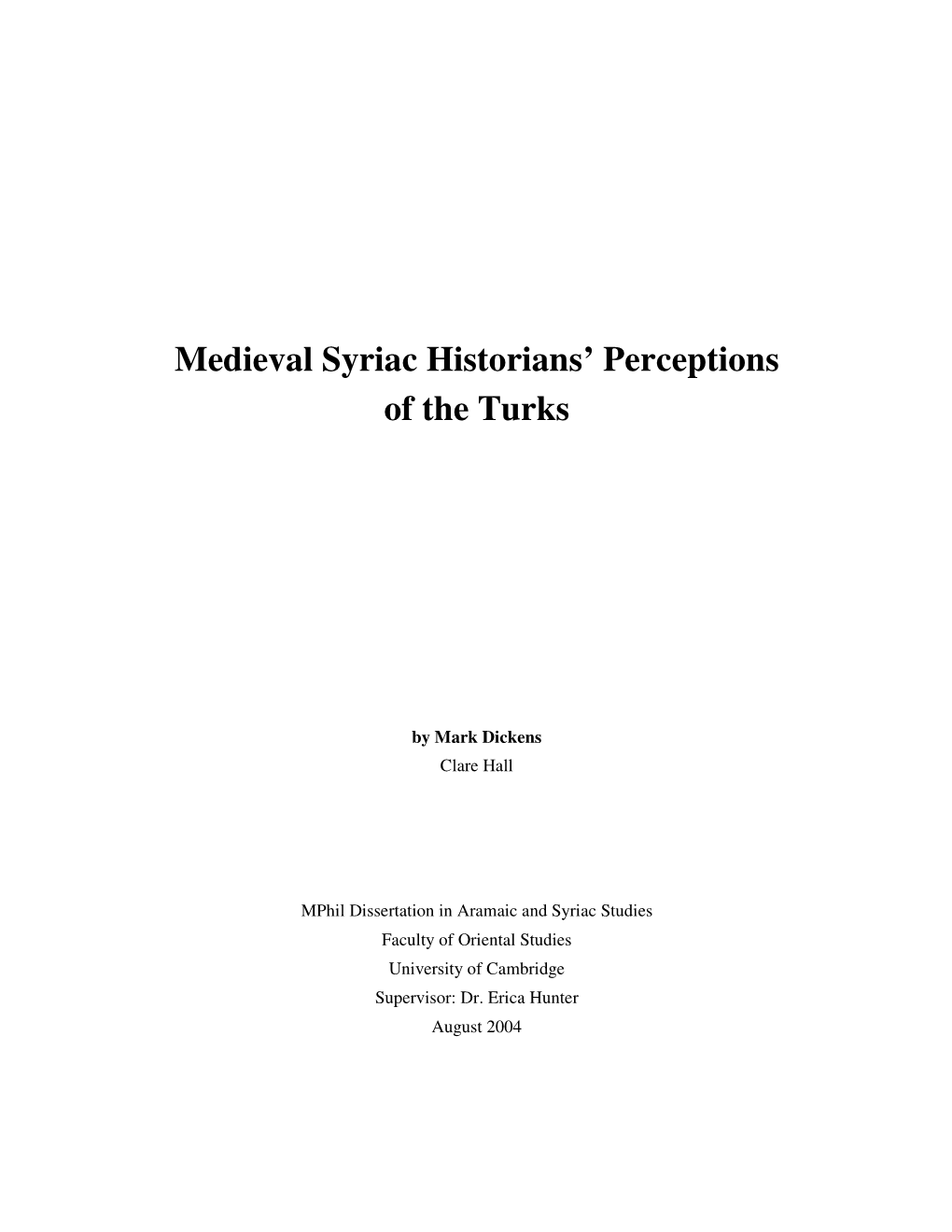 Medieval Syriac Historians' Perceptions of the Turks