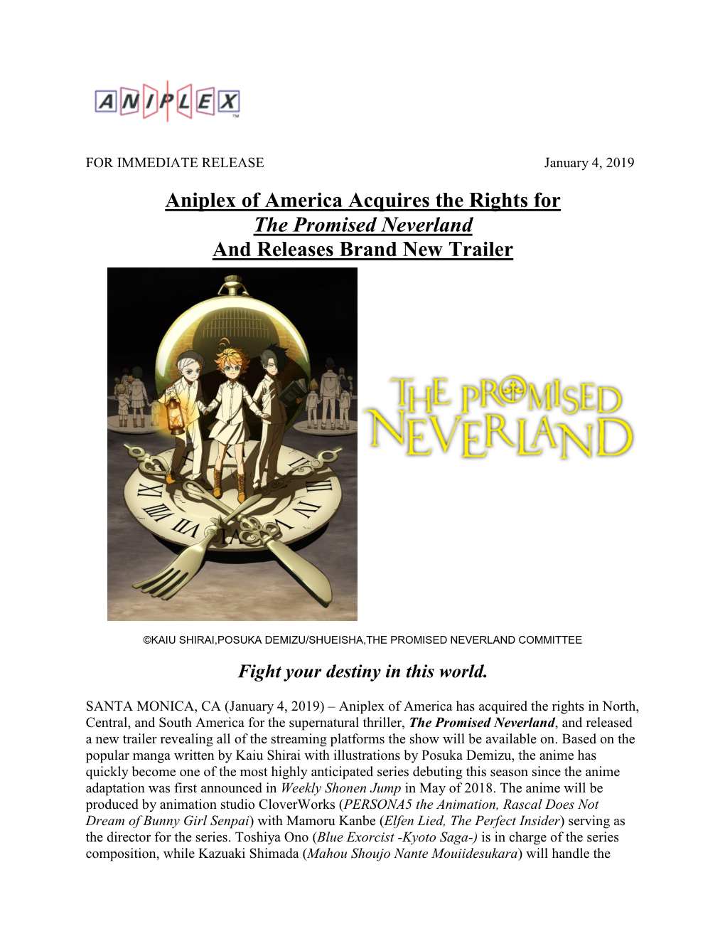 Aniplex of America Acquires the Rights for the Promised Neverland and Releases Brand New Trailer