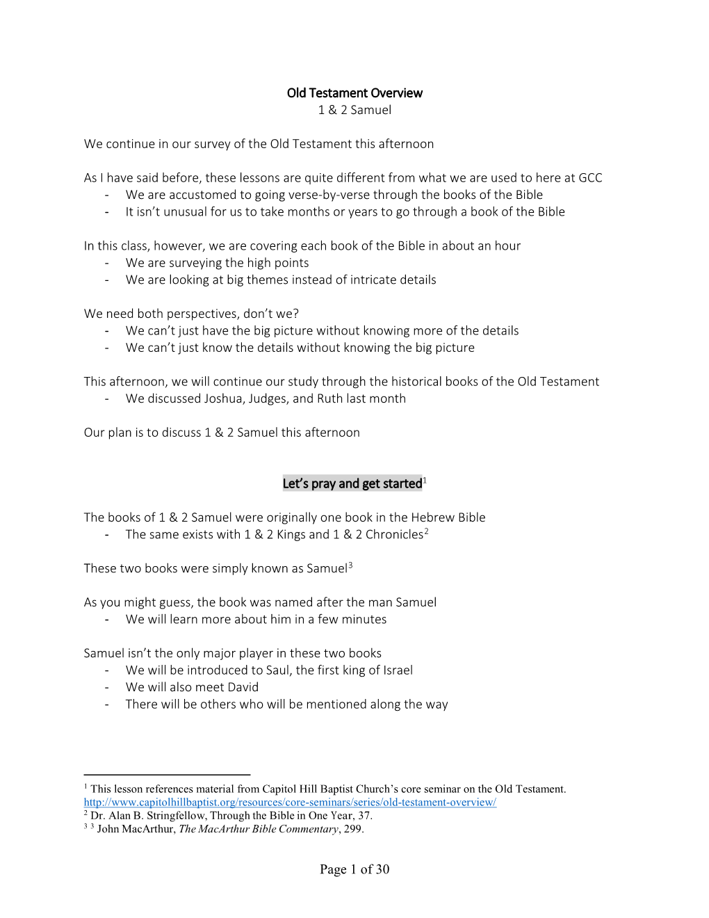 Of 30 Old Testament Overview 1 & 2 Samuel We Continue in Our Survey