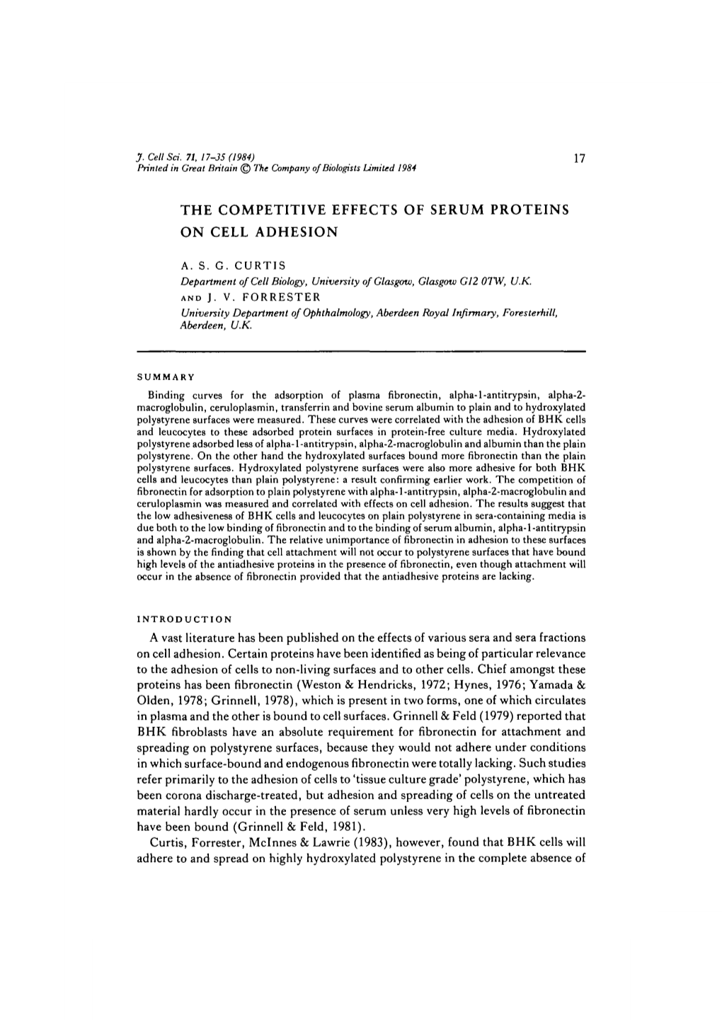 The Competitive Effects of Serum Proteins on Cell Adhesion