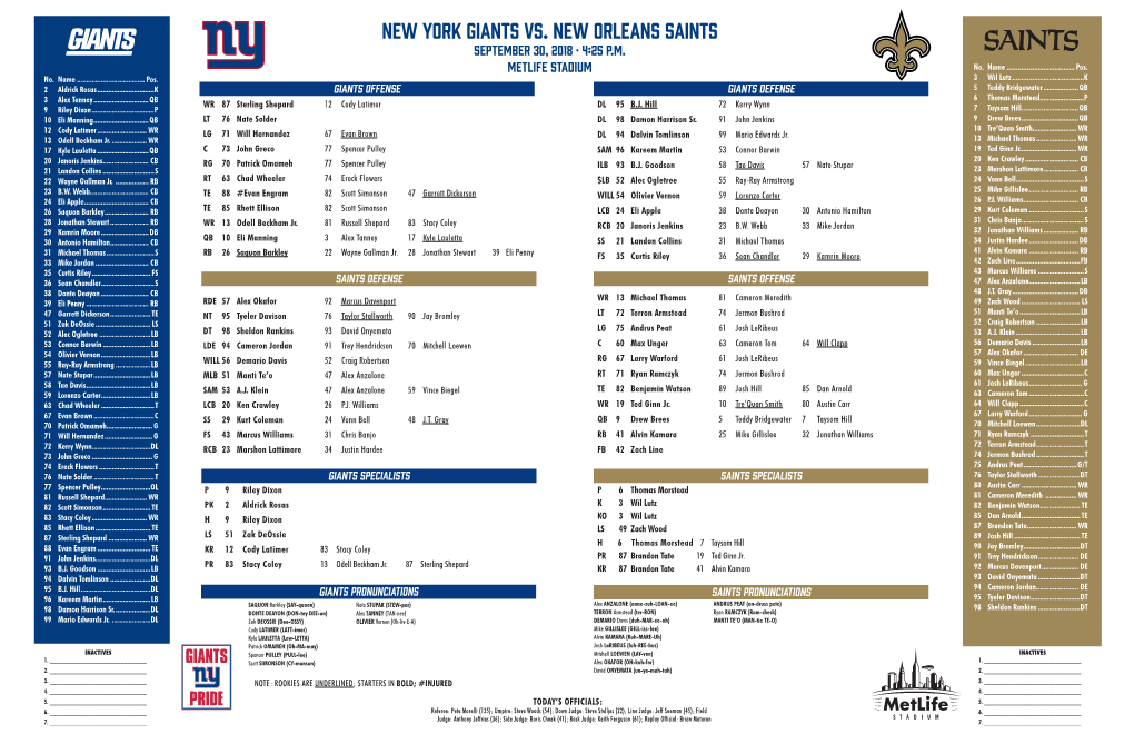 NEW YORK GIANTS Vs. NEW ORLEANS SAINTS SEPTEMBER 30, 2018 • 4:25 P.M